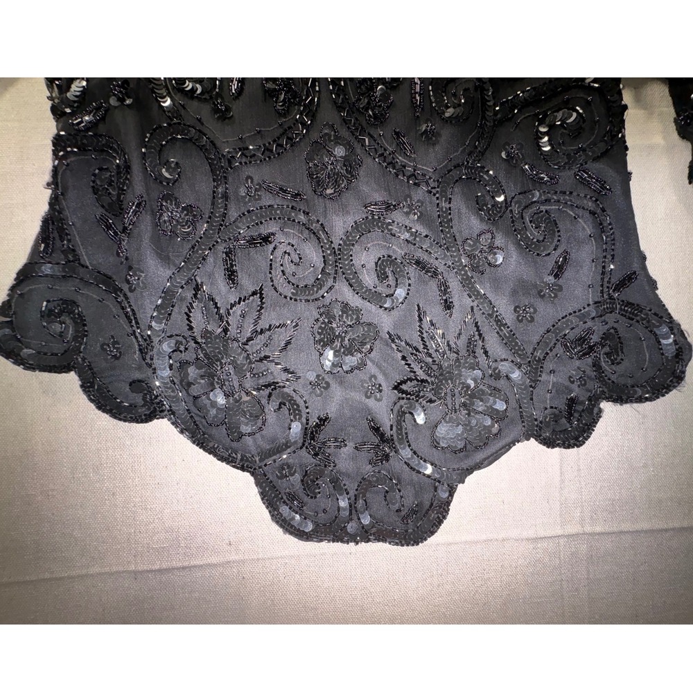 Laurence Kazar Black Silk Beaded Sequin Floral Evening Top Long Sleeve Large - Picture 2 of 12